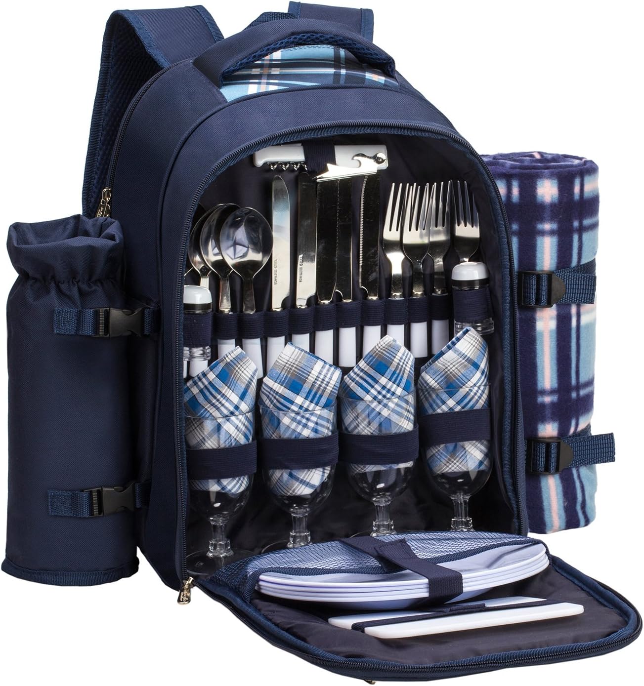Apollo walker Picnic Backpack Set for 4 with Cooler Compartment,Detachable Bottle/Wine Holder Including Large Picnic Blanket for Picnic Family and Lovers Gifts,Outdoor,BBQ Time (Blue)